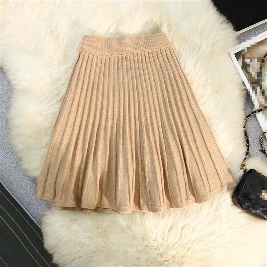 Knitted Pleated Short Skirt Women Autumn Winter Sexy Elastic High Waisted Casual Party Mini Skirt