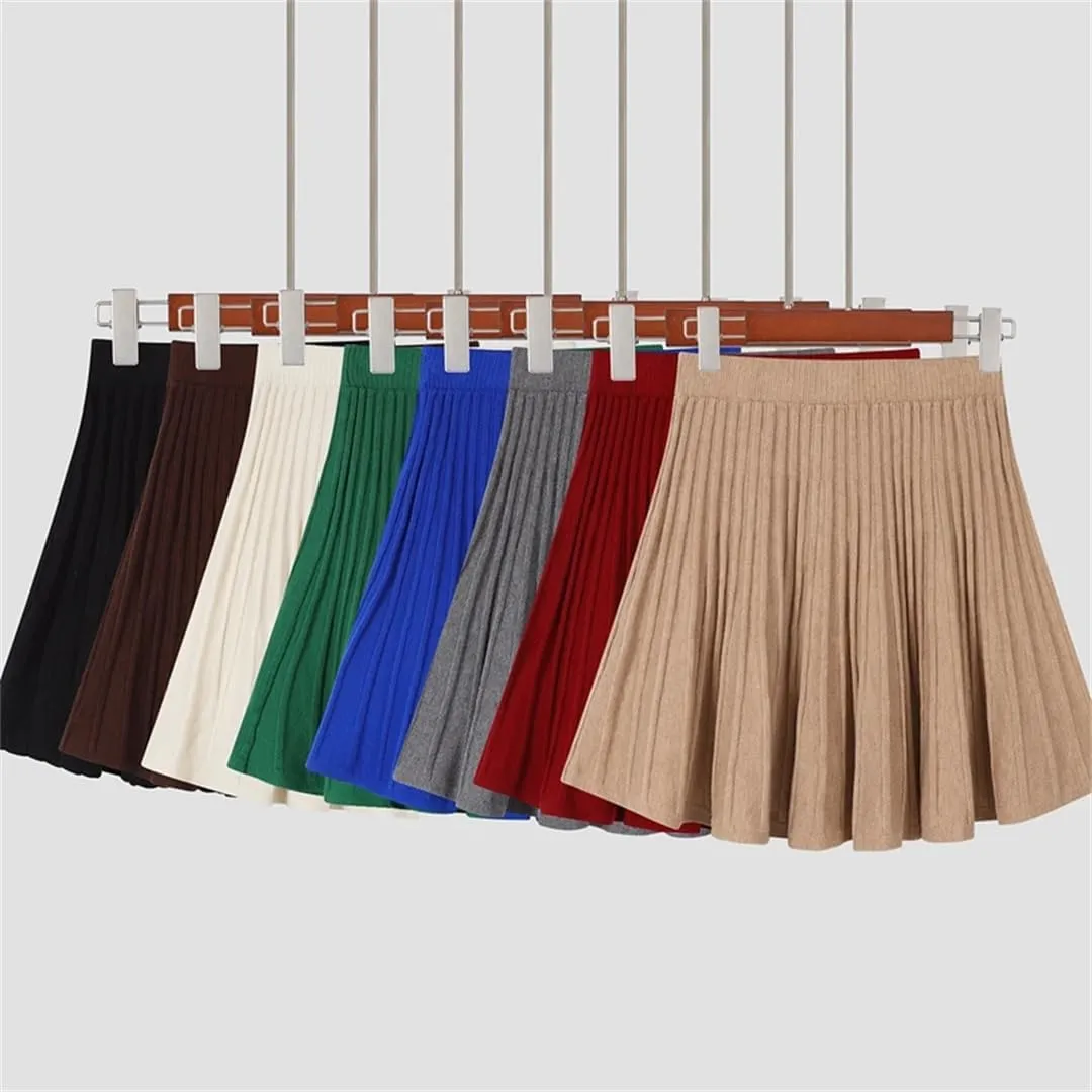 Knitted Pleated Short Skirt Women Autumn Winter Sexy Elastic High Waisted Casual Party Mini Skirt