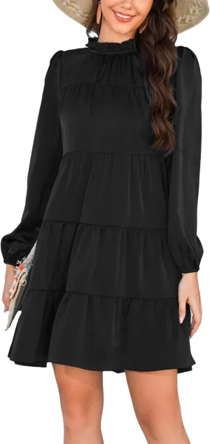 Kormei Women's Long Sleeve Boho Floral Ruffle Mock Neck Tiered Mini Babydoll Casual Swing Tunic Shift Dress