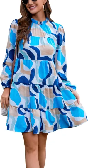 Kormei Women's Long Sleeve Boho Floral Ruffle Mock Neck Tiered Mini Babydoll Casual Swing Tunic Shift Dress