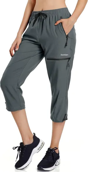 Ksmien Women's Lightweight Hiking Capri Pants Quick Dry Workout Cargo Capris Water Resistant UPF 50  Zipped Pockets