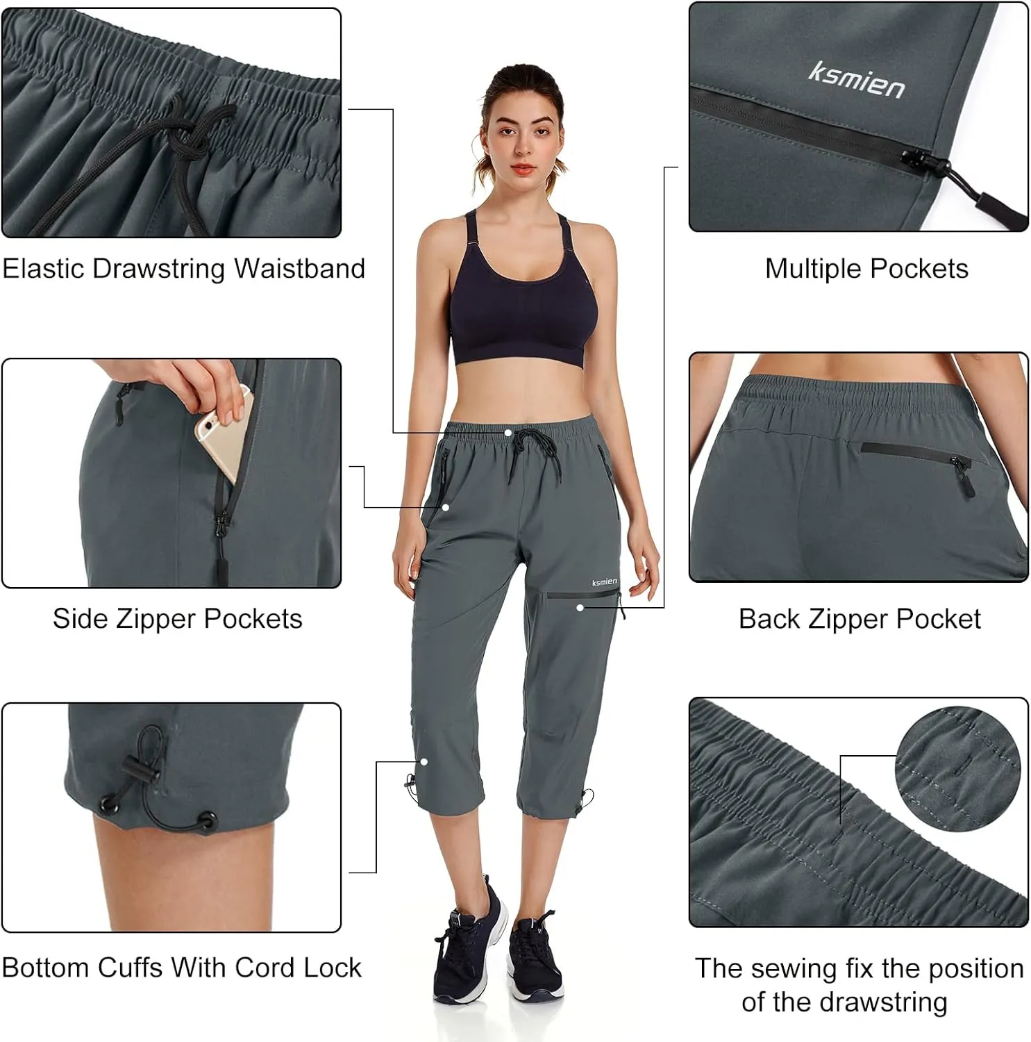 Ksmien Women's Lightweight Hiking Capri Pants Quick Dry Workout Cargo Capris Water Resistant UPF 50  Zipped Pockets