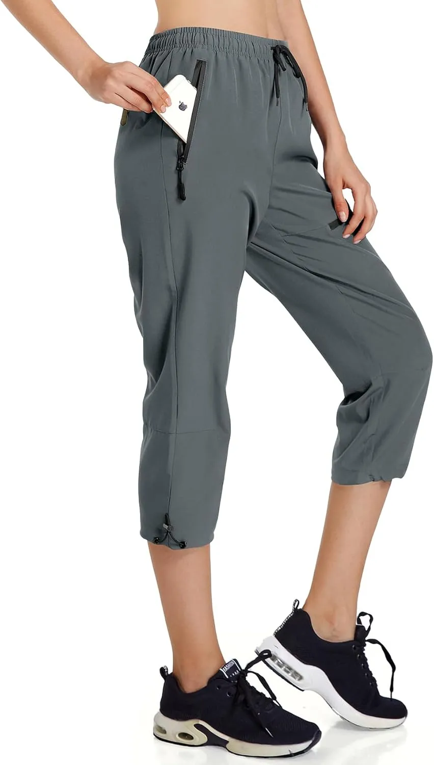 Ksmien Women's Lightweight Hiking Capri Pants Quick Dry Workout Cargo Capris Water Resistant UPF 50  Zipped Pockets