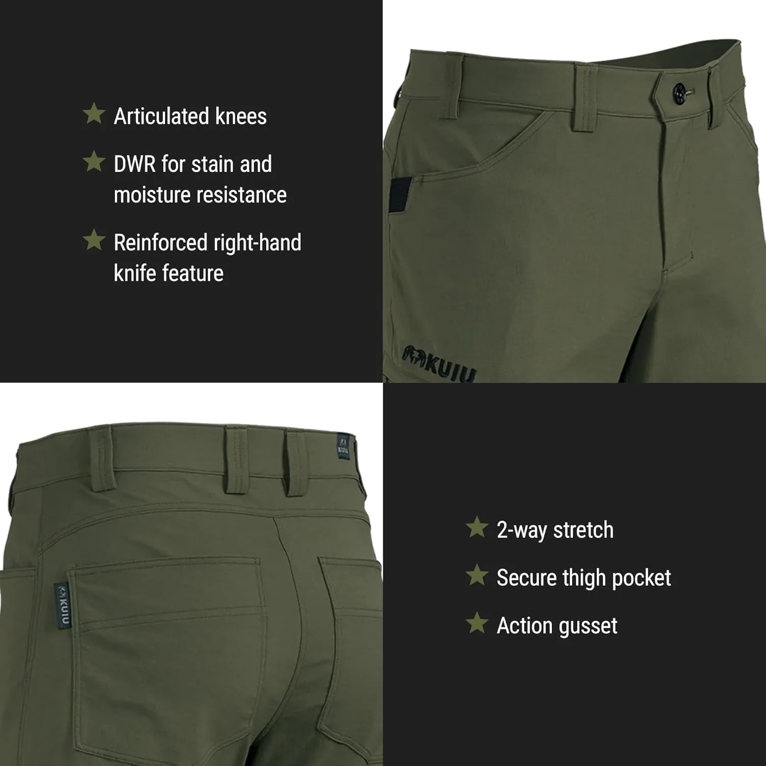 KUIU Switchback Pant - Water & Stain Resistant, 2-Way Stretch, Reinforced Knife Pocket, Durable & Versatile for Hiking