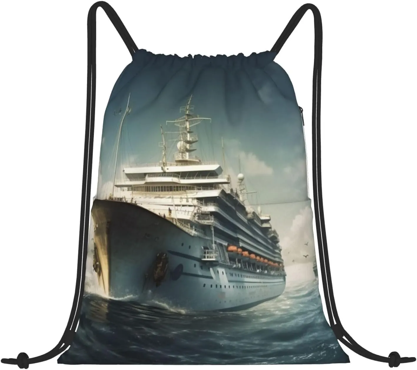 Kururi Cool Cruise Ship Print Drawstring Backpack Water Resistant String Bag Sackpack Cinch For Sports Camping Traveling
