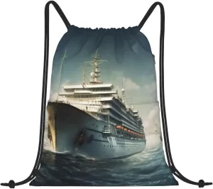 Kururi Cool Cruise Ship Print Drawstring Backpack Water Resistant String Bag Sackpack Cinch For Sports Camping Traveling