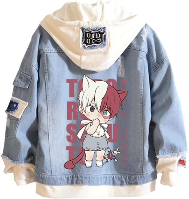 Kvikci Anime Jacket Cosplay Hooded Sweatshirt Men Fake Two Jeans Jacket Coat