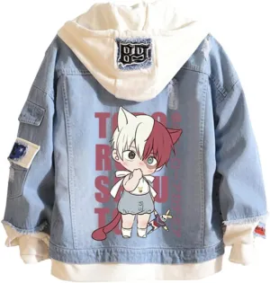 Kvikci Anime Jacket Cosplay Hooded Sweatshirt Men Fake Two Jeans Jacket Coat