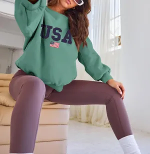 Lacozy Womens USA Graphic Sweatshirts American flag Crewneck Long Sleeve Sweater Loose Fleece Tops Fall Winter Clothes