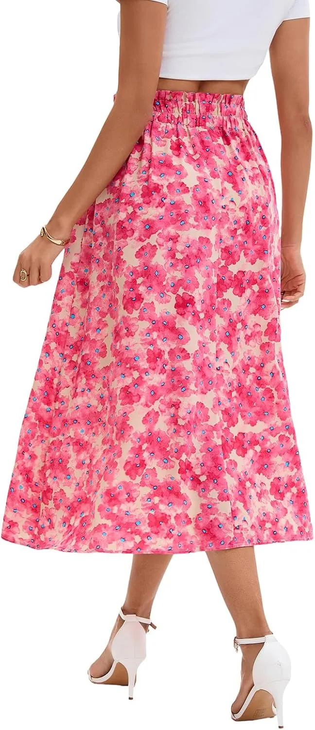 Ladies High Waist Printed Skirt Elastic Waist Casual A-Shaped Skirt in Spring Summer and Autumn