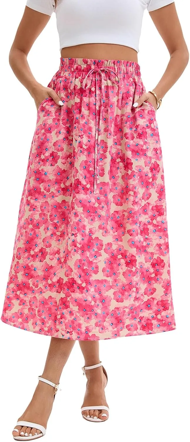 Ladies High Waist Printed Skirt Elastic Waist Casual A-Shaped Skirt in Spring Summer and Autumn