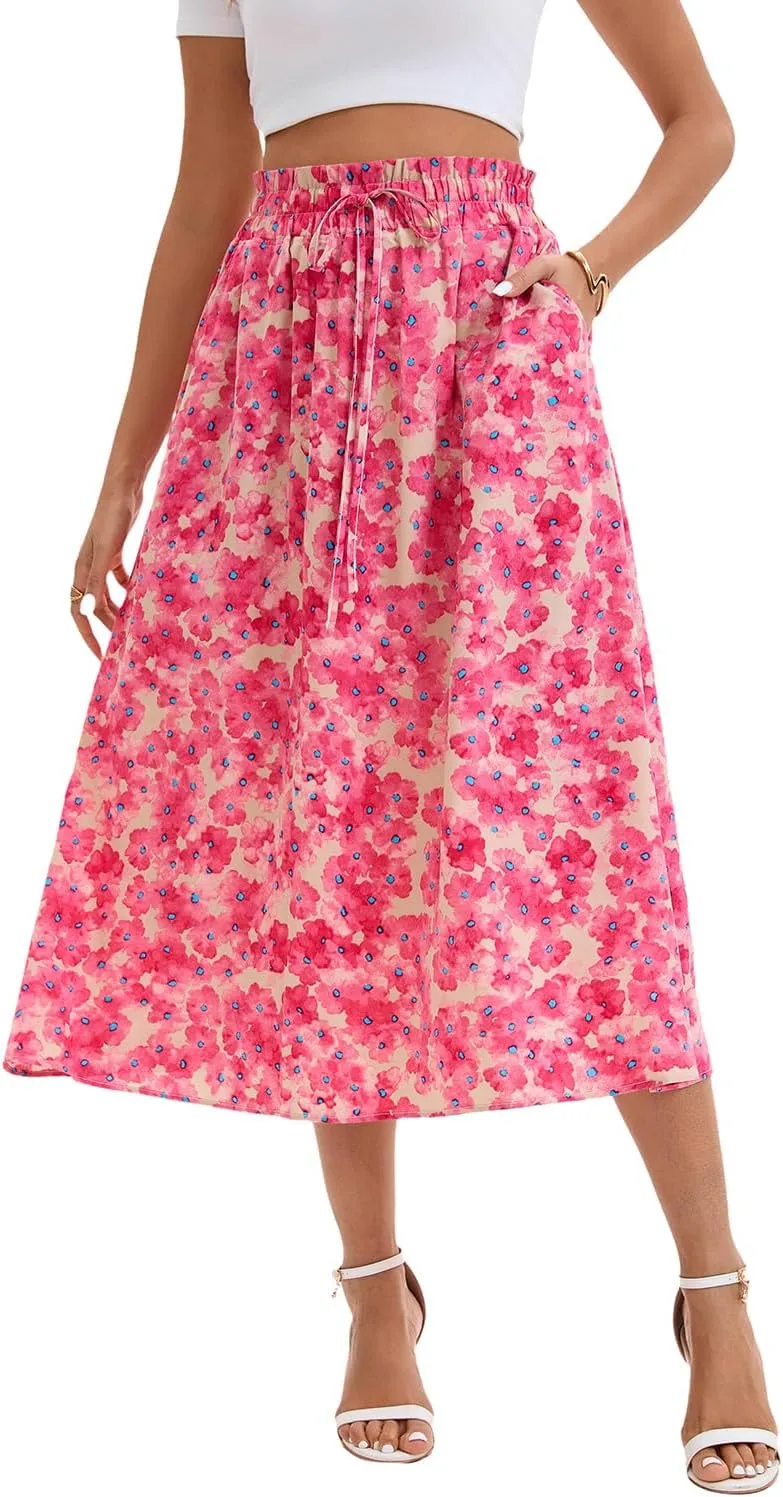 Ladies High Waist Printed Skirt Elastic Waist Casual A-Shaped Skirt in Spring Summer and Autumn