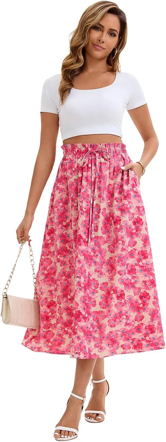 Ladies High Waist Printed Skirt Elastic Waist Casual A-Shaped Skirt in Spring Summer and Autumn