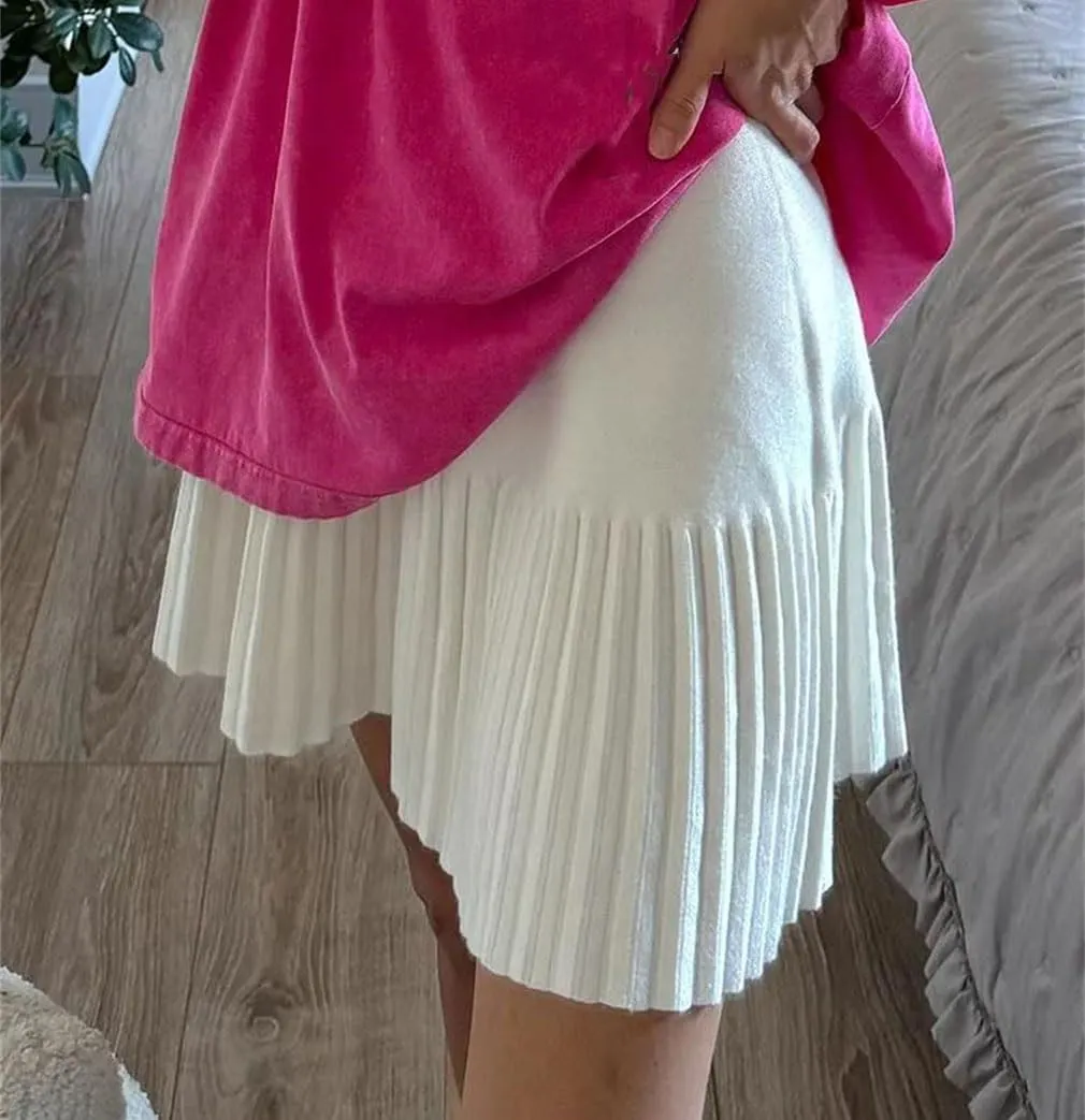 Ladies Mini Pleated Skirt Elastic Waist Short Knitted Skirt Spring White A Line Knit Short Skirt