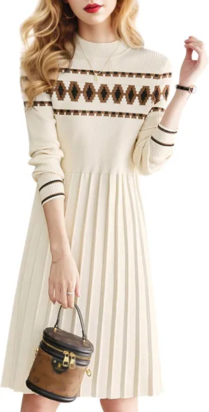 LAI MENG FIVE CATS Women's Knit Dress Long Sleeve Round Neck Elegant Casual Pleated A-Line Mini Dress