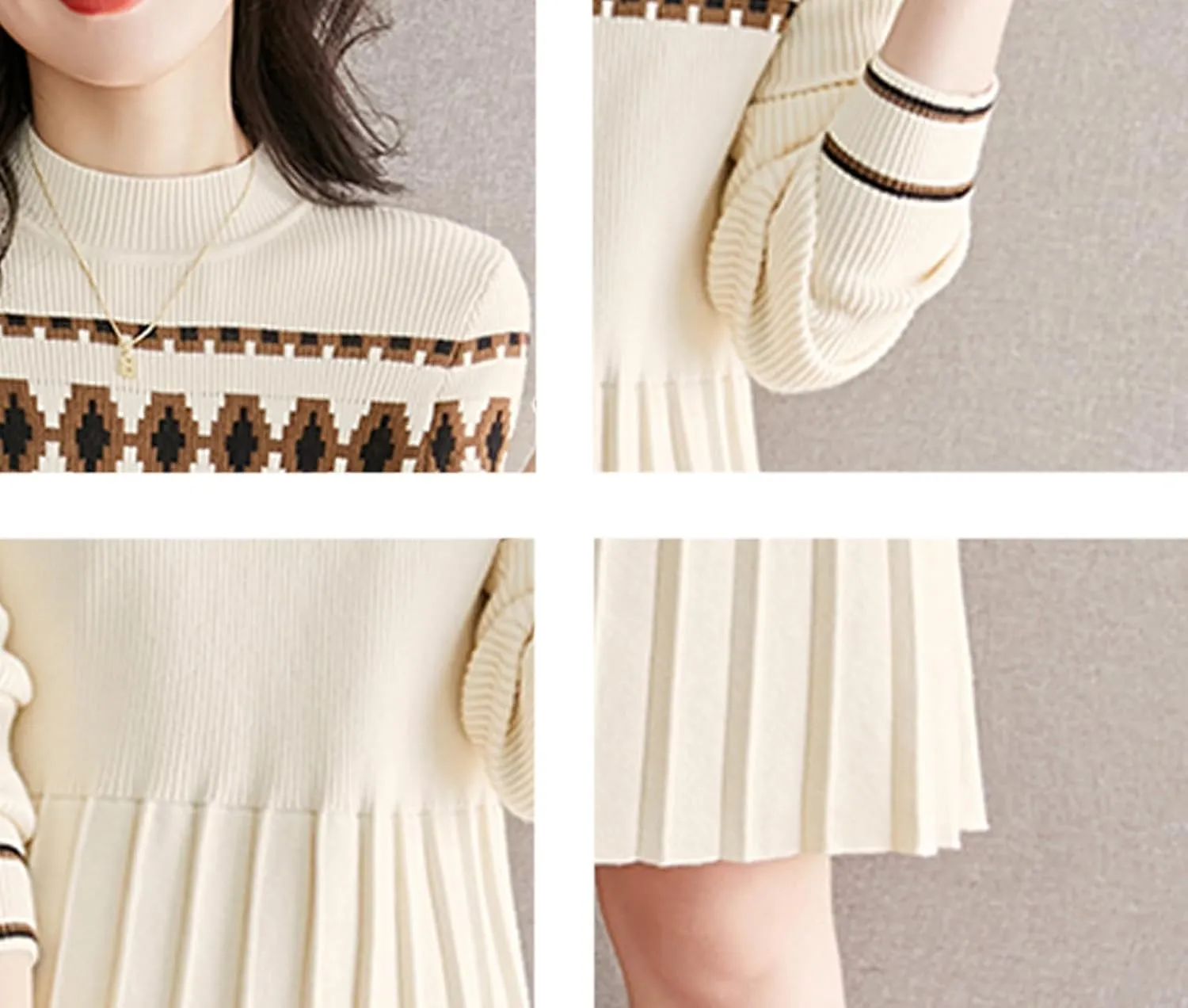 LAI MENG FIVE CATS Women's Knit Dress Long Sleeve Round Neck Elegant Casual Pleated A-Line Mini Dress