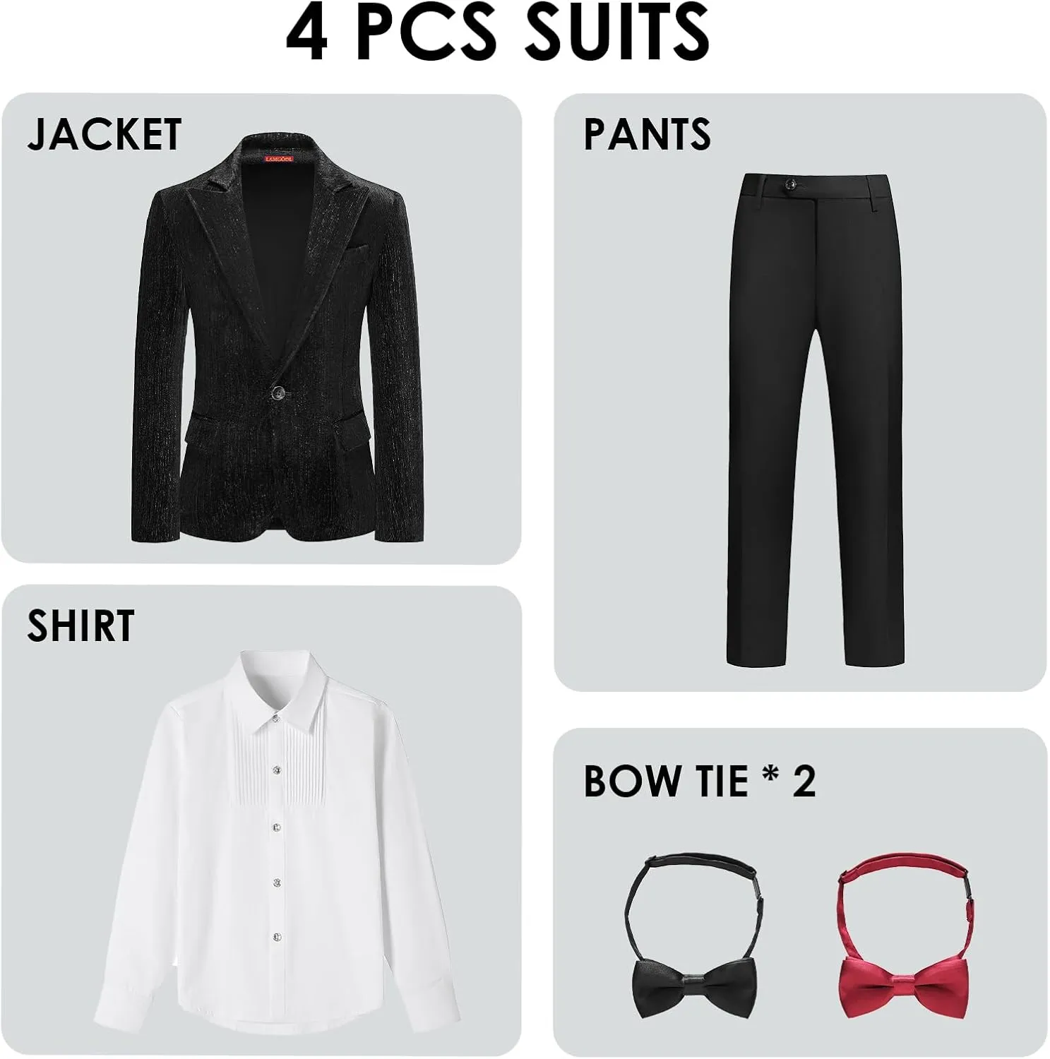 Lamgool Boys Velvet Suit Set Slim Fit Tuxedo Kids Formal Outfit 4 Piece with Blazer Jacket Shirt Pant Bow Tie for Wedding