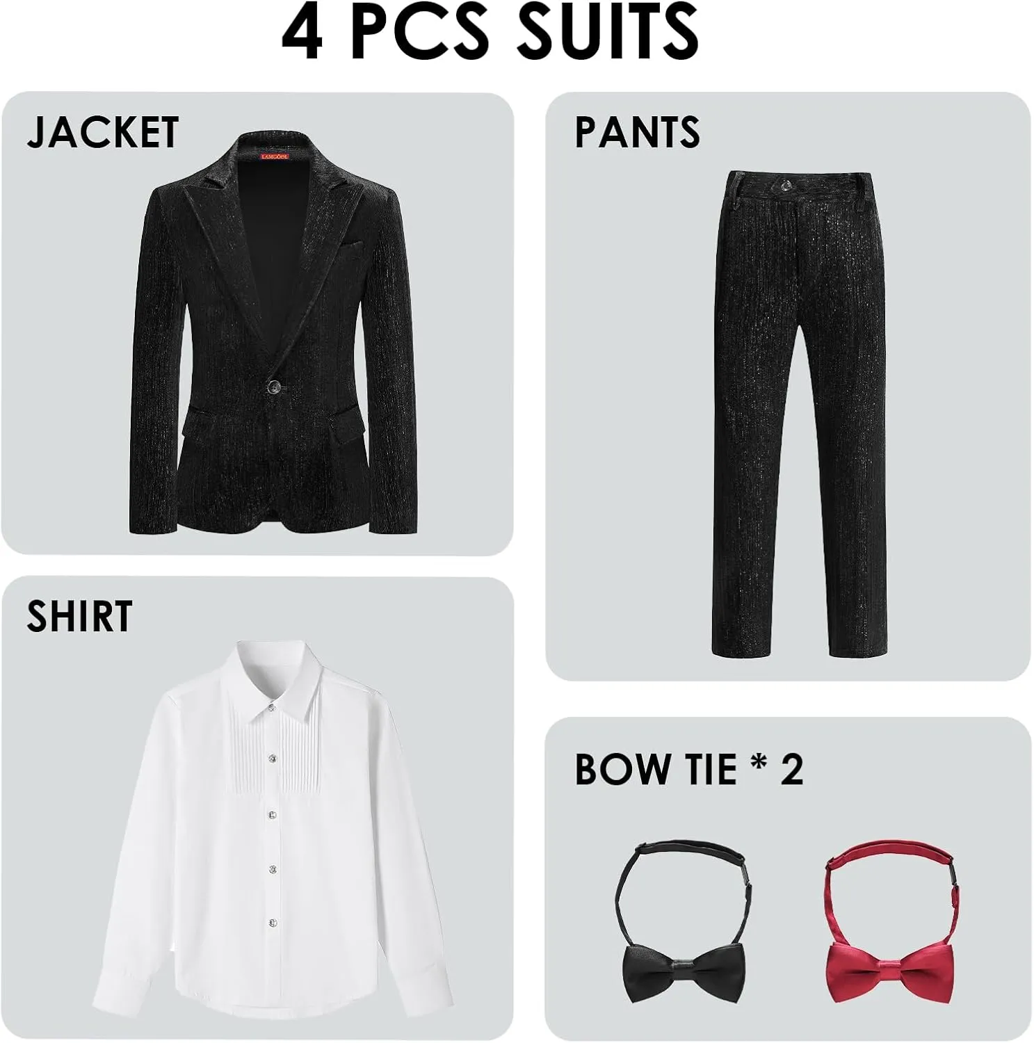 Lamgool Boys Velvet Suit Set Slim Fit Tuxedo Kids Formal Outfit 4 Piece with Blazer Jacket Shirt Pant Bow Tie for Wedding