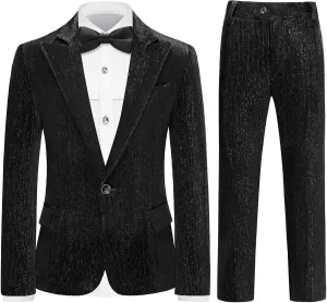 Lamgool Boys Velvet Suit Set Slim Fit Tuxedo Kids Formal Outfit 4 Piece with Blazer Jacket Shirt Pant Bow Tie for Wedding