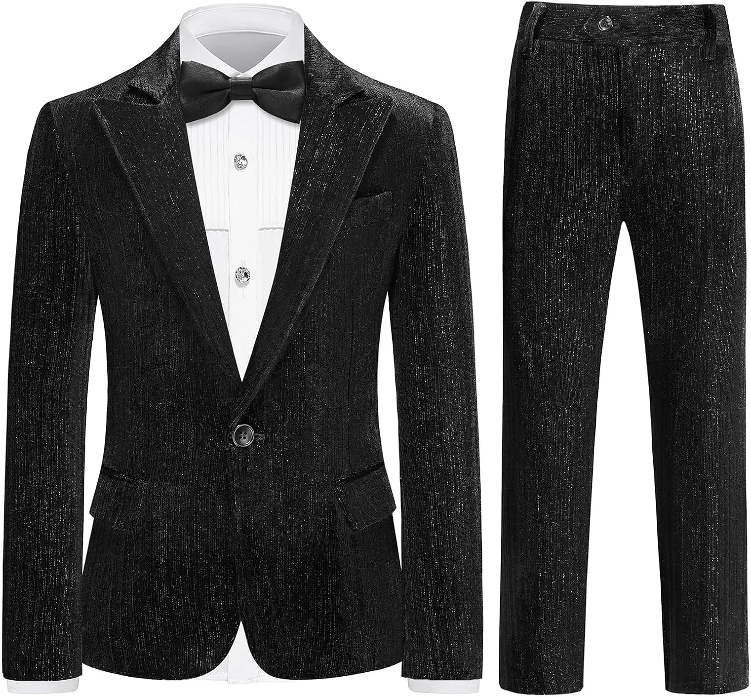 Lamgool Boys Velvet Suit Set Slim Fit Tuxedo Kids Formal Outfit 4 Piece with Blazer Jacket Shirt Pant Bow Tie for Wedding