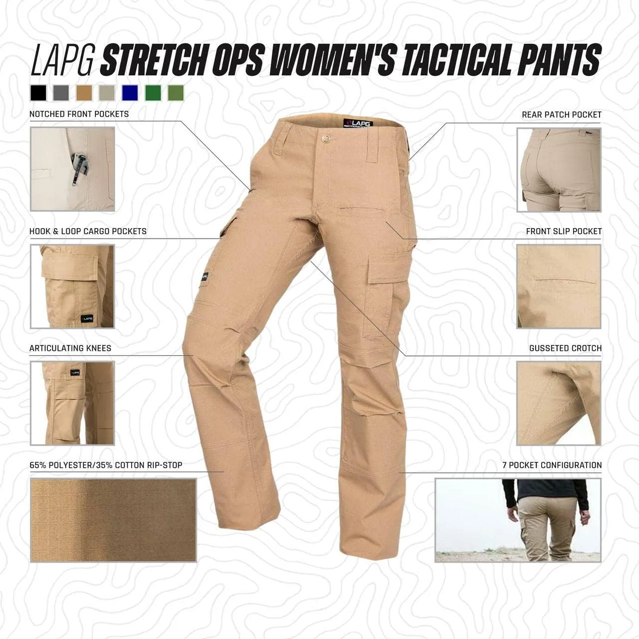 LAPG Women's Gear Stretch Tactical Pants, Low Rise, Slim Fit, 7-Pocket Durable Flex Cargo Outdoor, Hiking & Work Pants