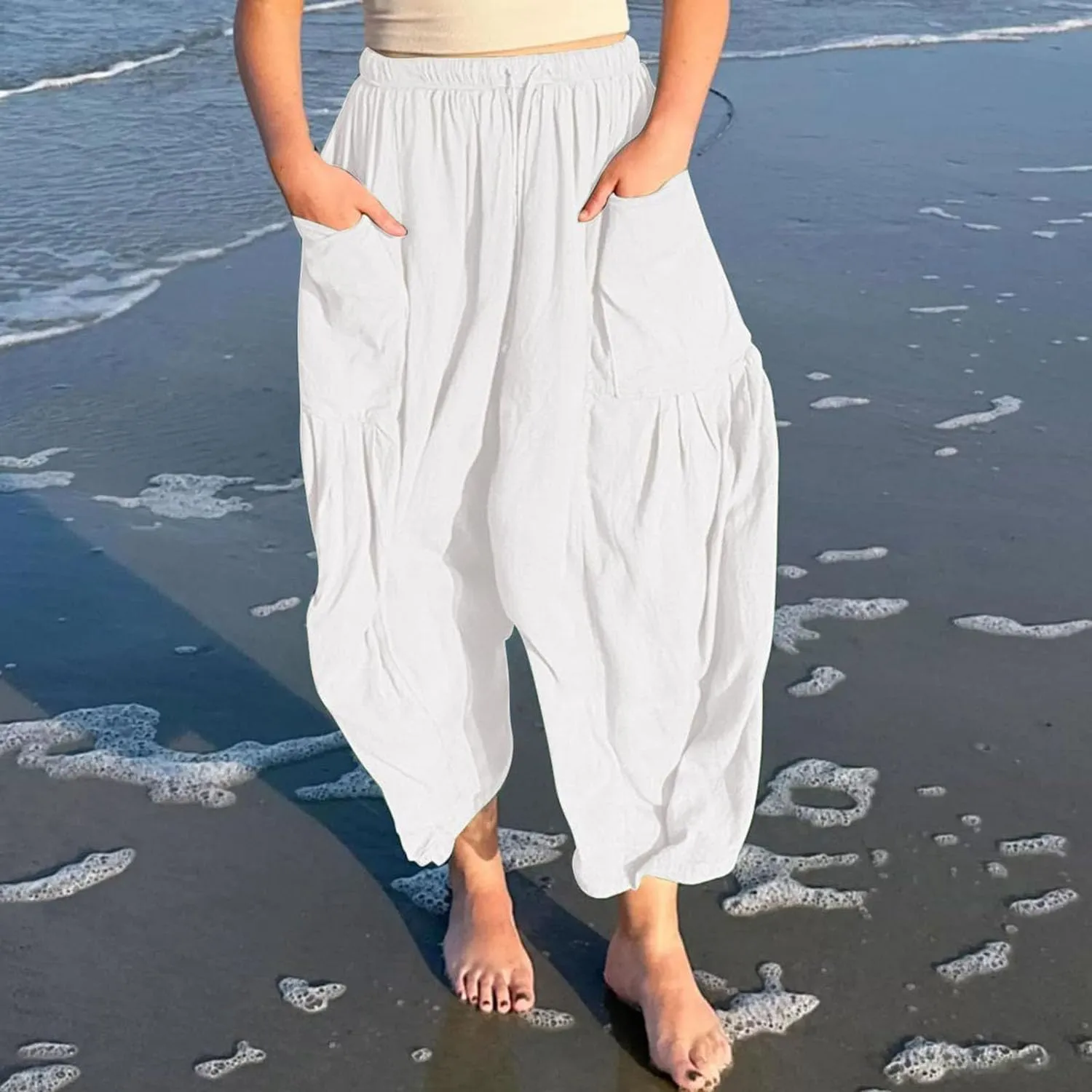 Lapidata Linen Pants,Wide Leg Loose Cotton Linen Pants, Summer Beach Vacation Pants for Women,Palazzo Harem Pants