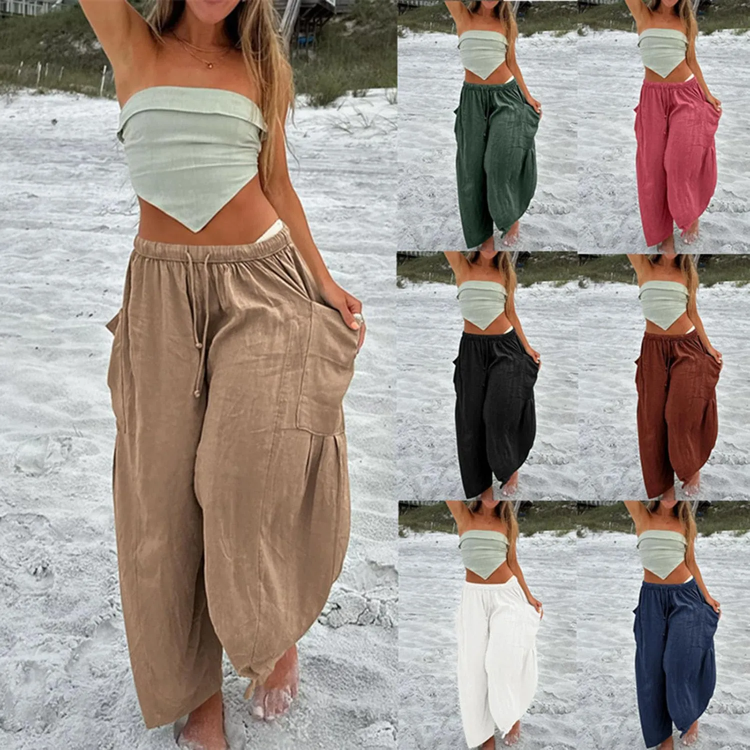 Lapidata Linen Pants,Wide Leg Loose Cotton Linen Pants, Summer Beach Vacation Pants for Women,Palazzo Harem Pants