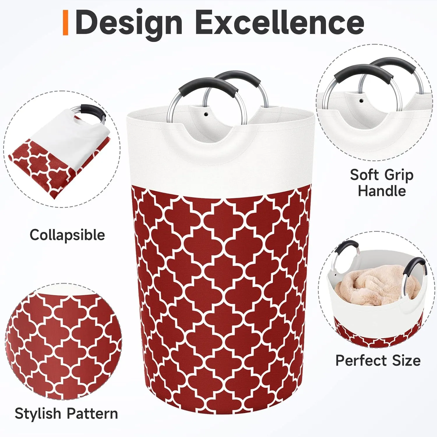 Large Laundry Basket Laundry Hamper Bag Washing Bin Clothes Bag Collapsible Tall with Handles Waterproof Travel Bathroom College Essentials Storage for College Dorm, Family, 82L (Red)