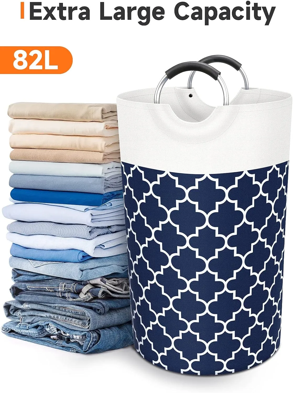 Large Laundry Basket Laundry Hamper Bag Washing Bin Clothes Bag Collapsible Tall with Handles Waterproof Travel Bathroom College Essentials Storage for College Dorm, Family (Blue) 82L