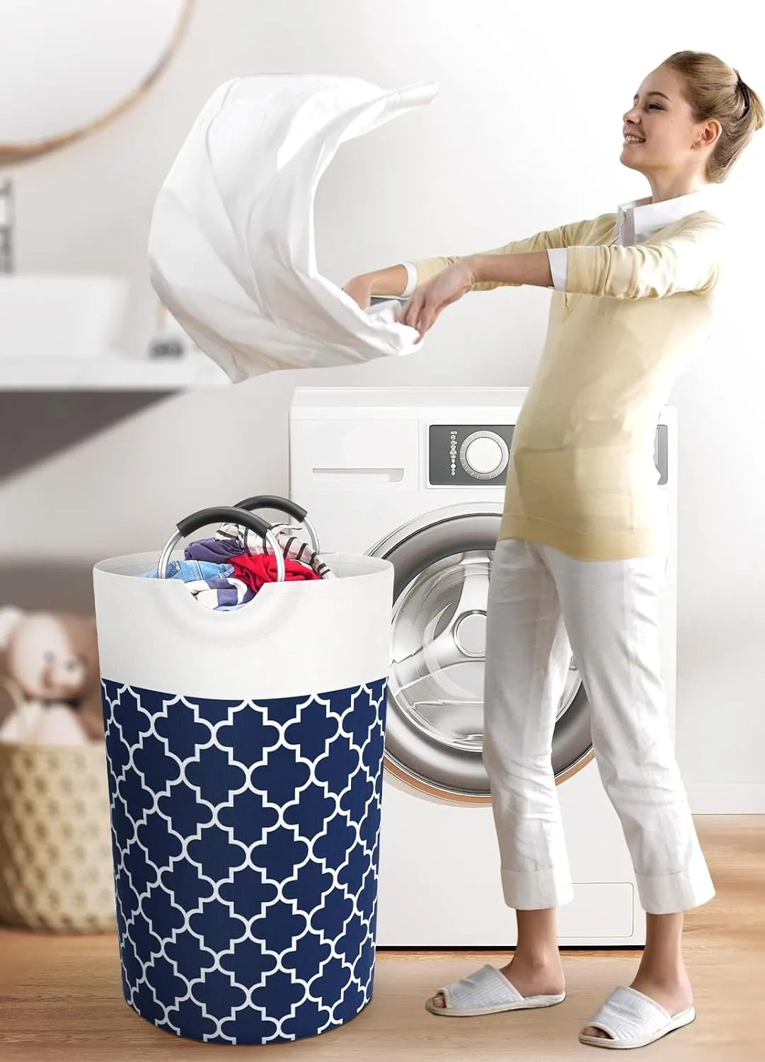 Large Laundry Basket Laundry Hamper Bag Washing Bin Clothes Bag Collapsible Tall with Handles Waterproof Travel Bathroom College Essentials Storage for College Dorm, Family (Blue) 82L