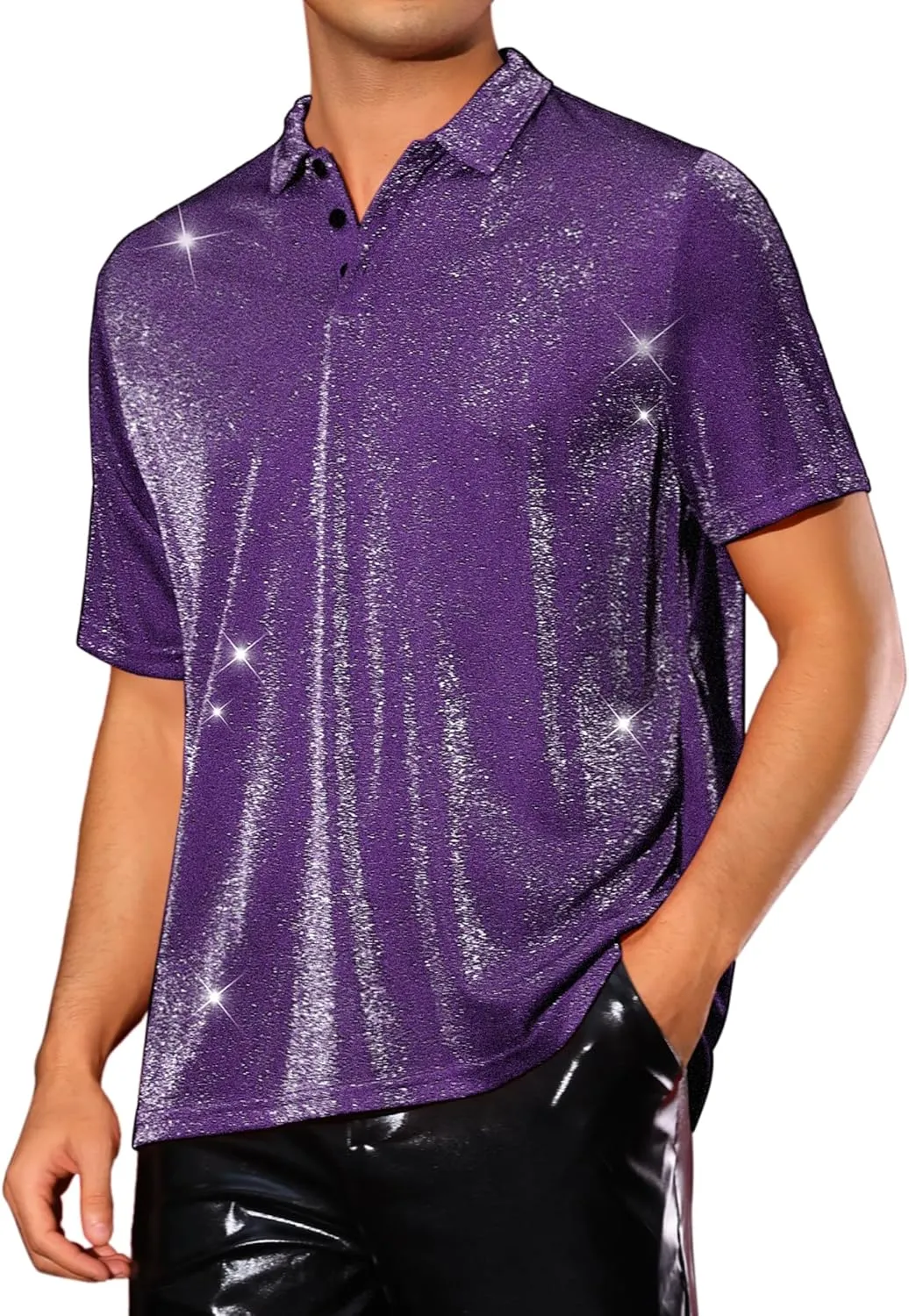 Lars Amadeus Glitter Shirts for Men's Sparkly Tops Short Sleeve Disco Metallic Polo