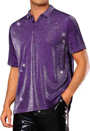 Lars Amadeus Glitter Shirts for Men's Sparkly Tops Short Sleeve Disco Metallic Polo