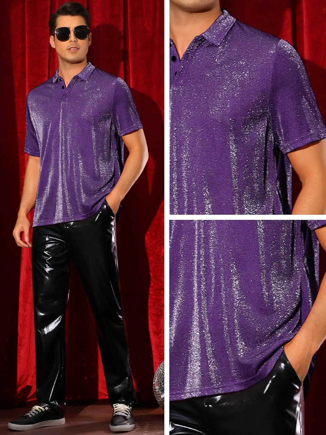 Lars Amadeus Glitter Shirts for Men's Sparkly Tops Short Sleeve Disco Metallic Polo