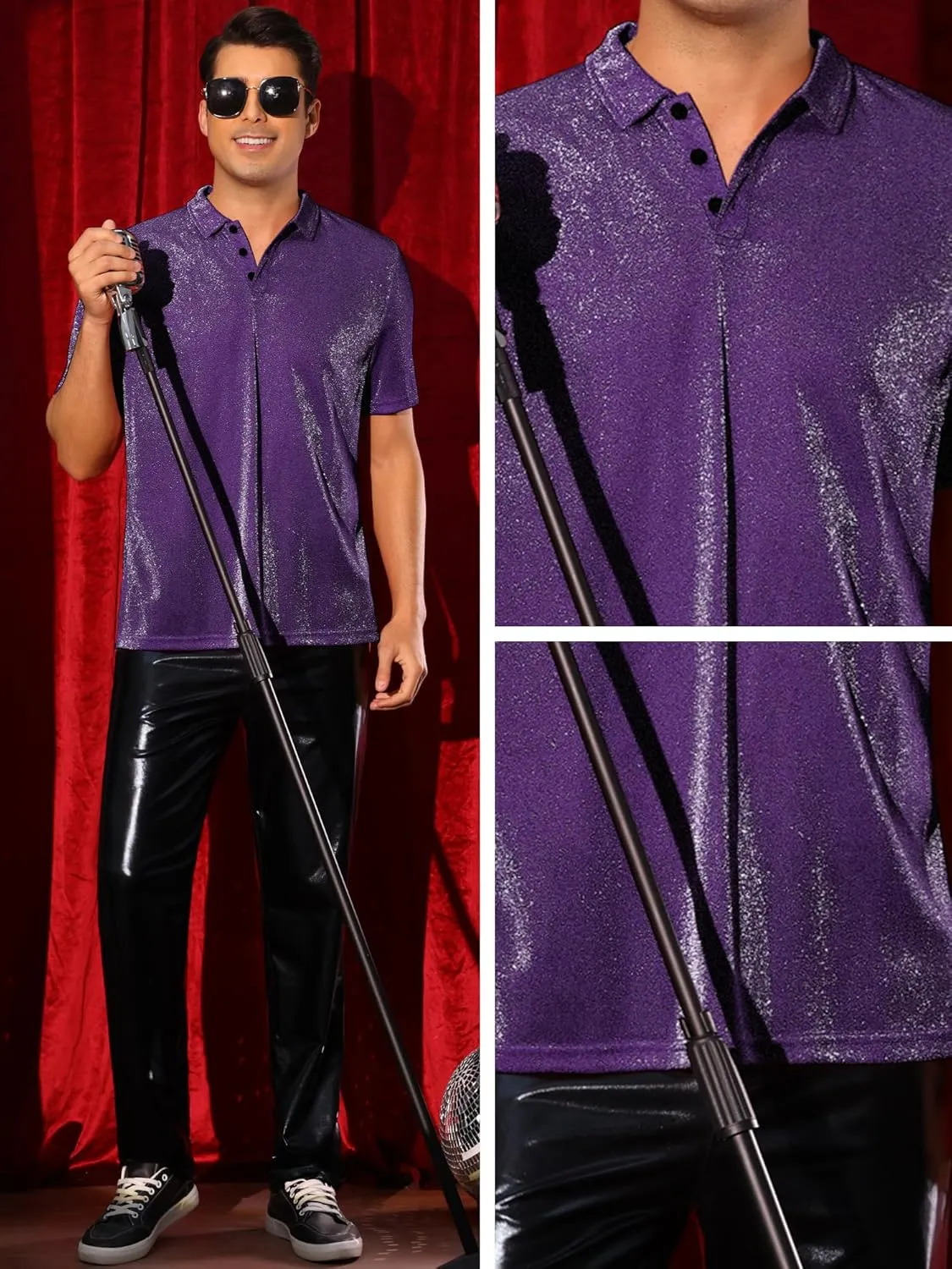 Lars Amadeus Glitter Shirts for Men's Sparkly Tops Short Sleeve Disco Metallic Polo