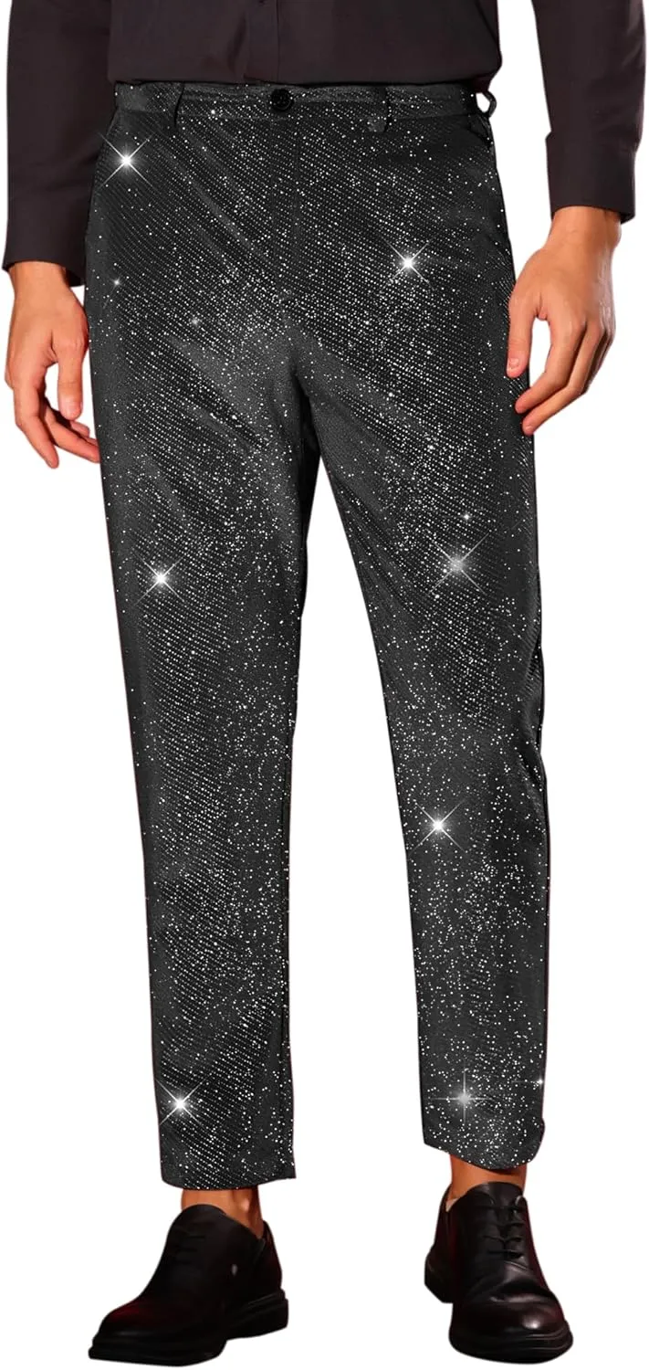 Lars Amadeus Glitter Velvet Pants for Men's Metallic Zipper Button Party Straight Leg Shiny Velour Trousers