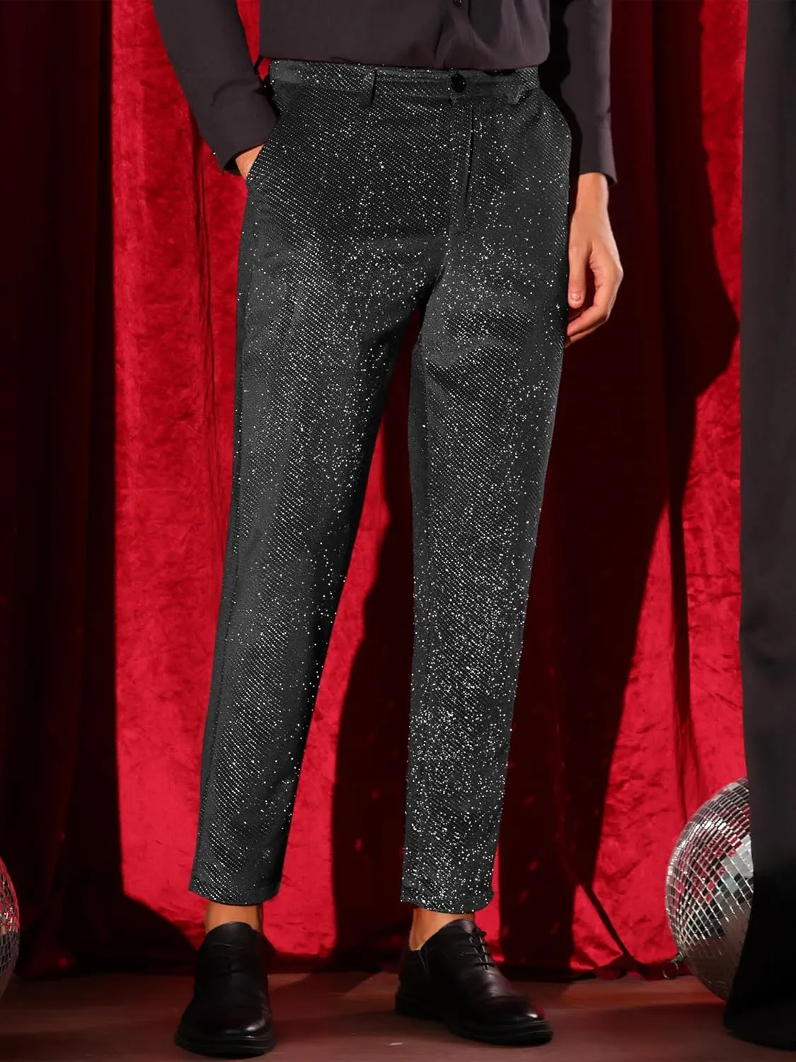 Lars Amadeus Glitter Velvet Pants for Men's Metallic Zipper Button Party Straight Leg Shiny Velour Trousers