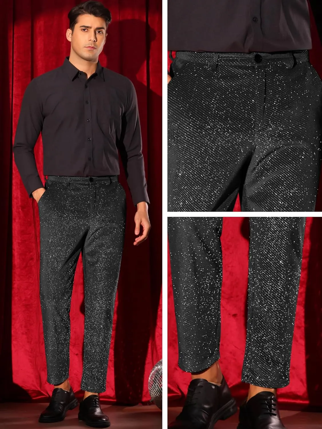 Lars Amadeus Glitter Velvet Pants for Men's Metallic Zipper Button Party Straight Leg Shiny Velour Trousers