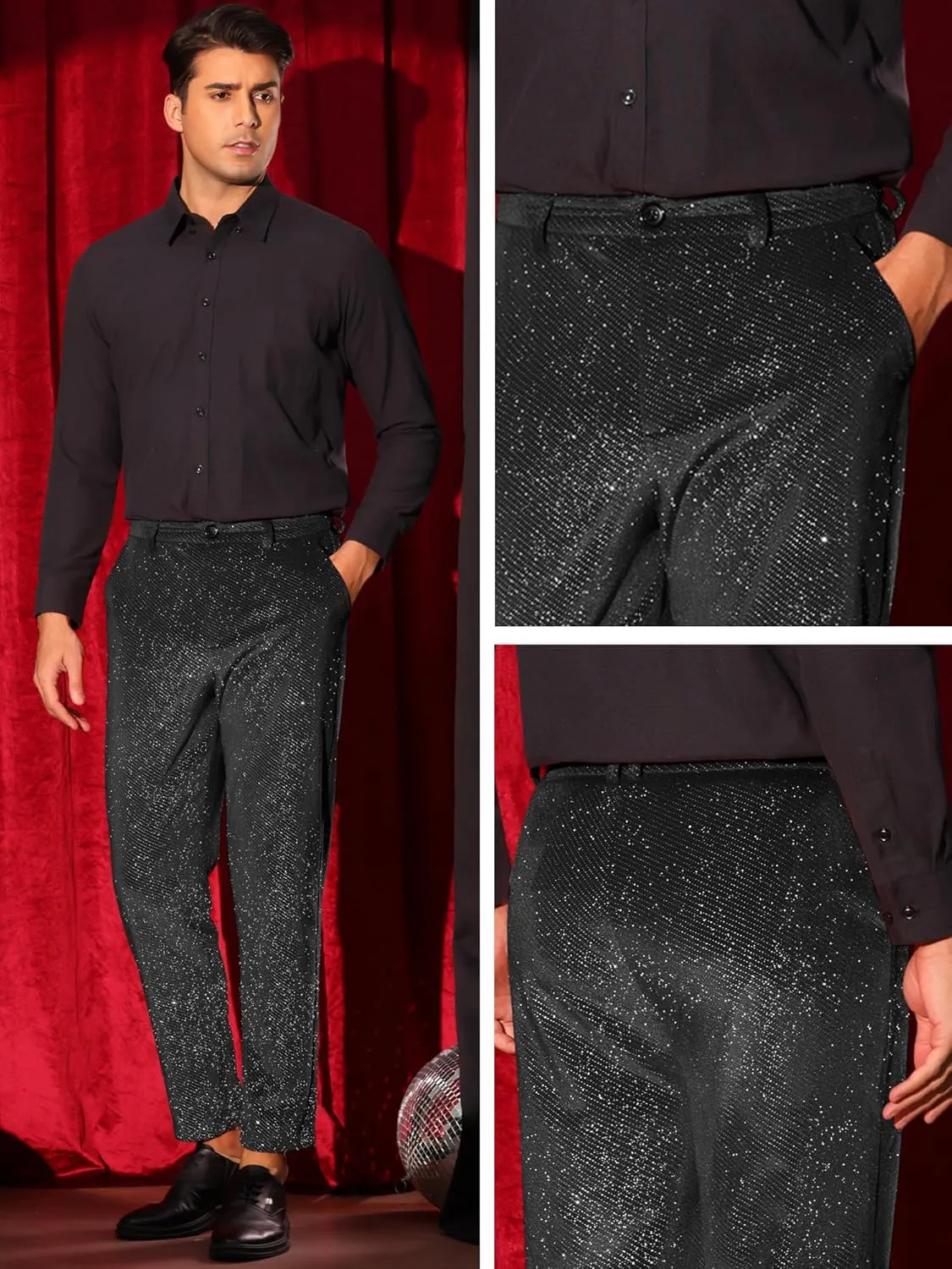 Lars Amadeus Glitter Velvet Pants for Men's Metallic Zipper Button Party Straight Leg Shiny Velour Trousers