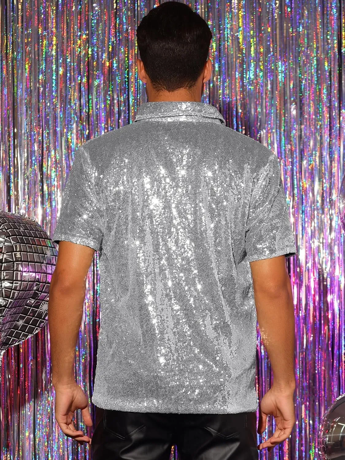 Lars Amadeus Sequin Polo for Men's Sparkle Short Sleeves Club Party Shiny Golf Shirts