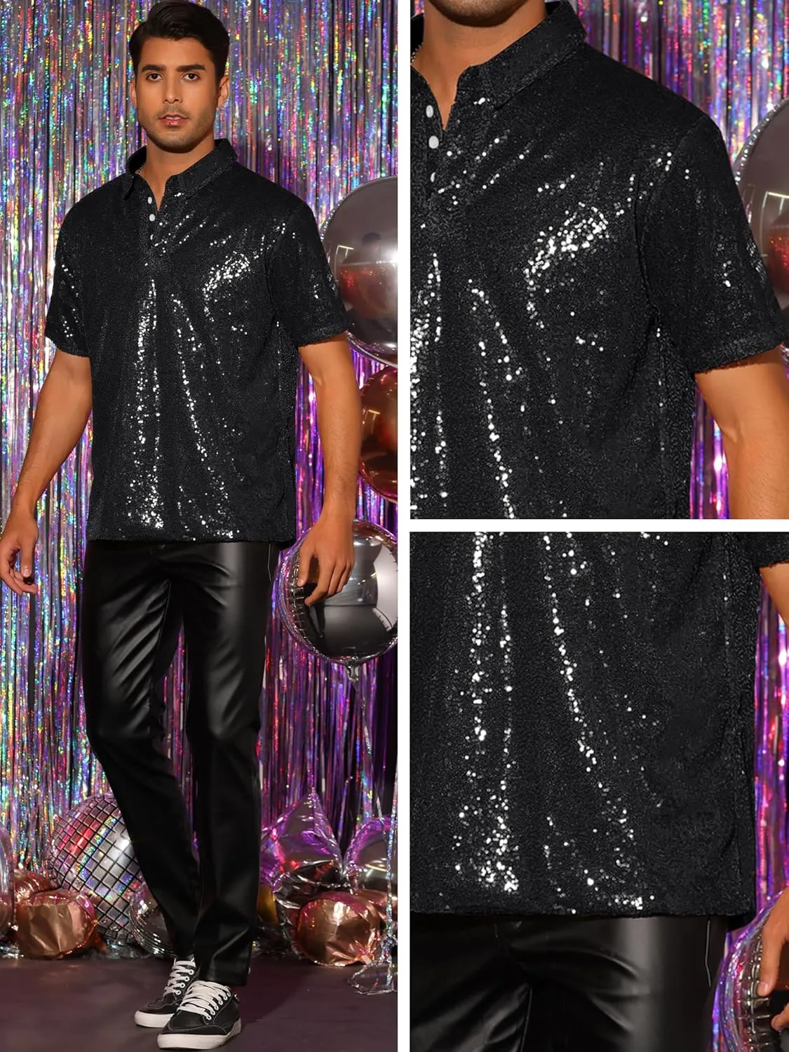 Lars Amadeus Sequin Polo for Men's Sparkle Short Sleeves Club Party Shiny Golf Shirts