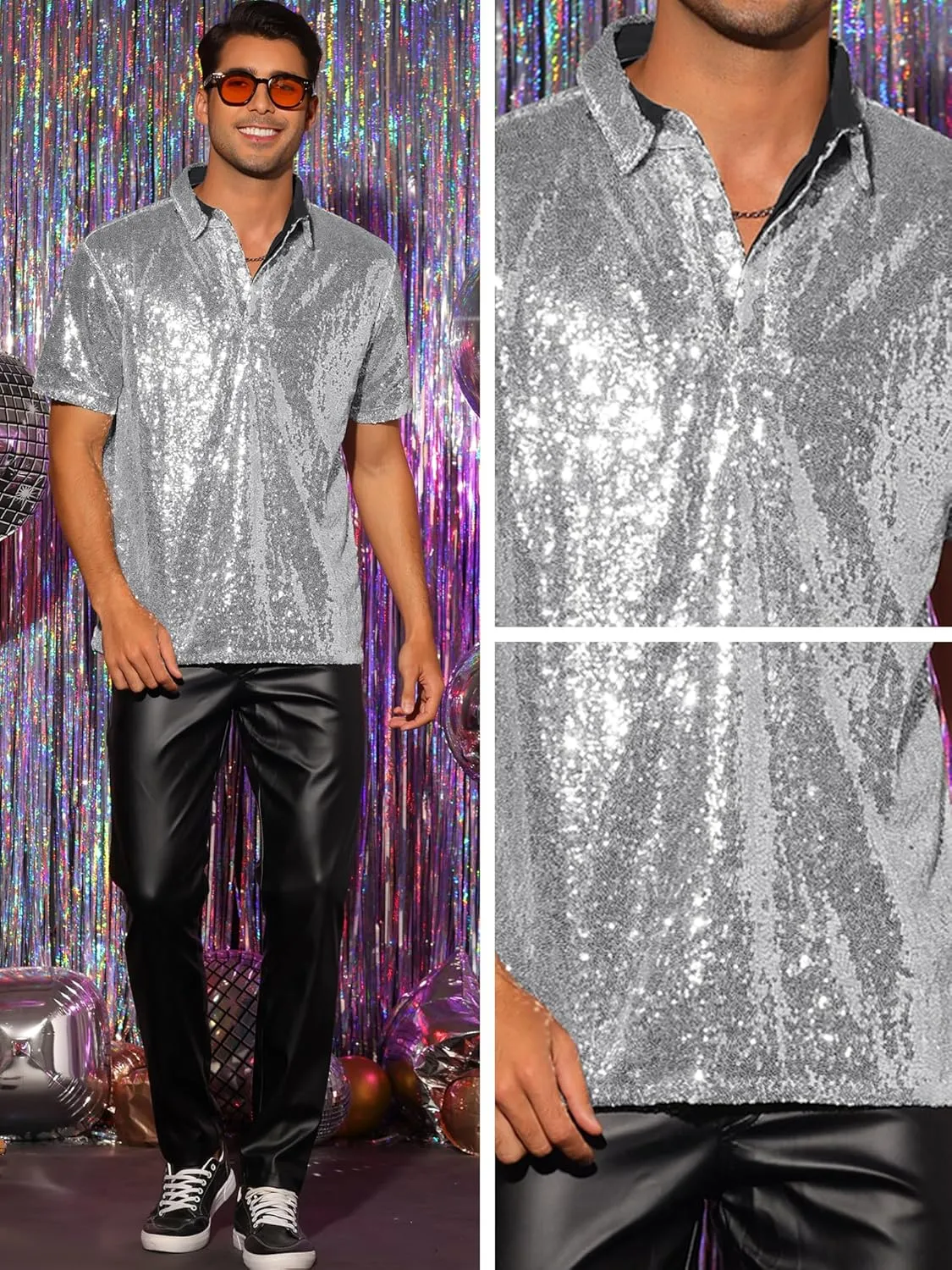 Lars Amadeus Sequin Polo for Men's Sparkle Short Sleeves Club Party Shiny Golf Shirts