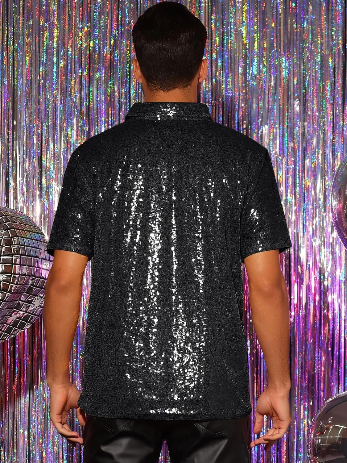 Lars Amadeus Sequin Polo for Men's Sparkle Short Sleeves Club Party Shiny Golf Shirts