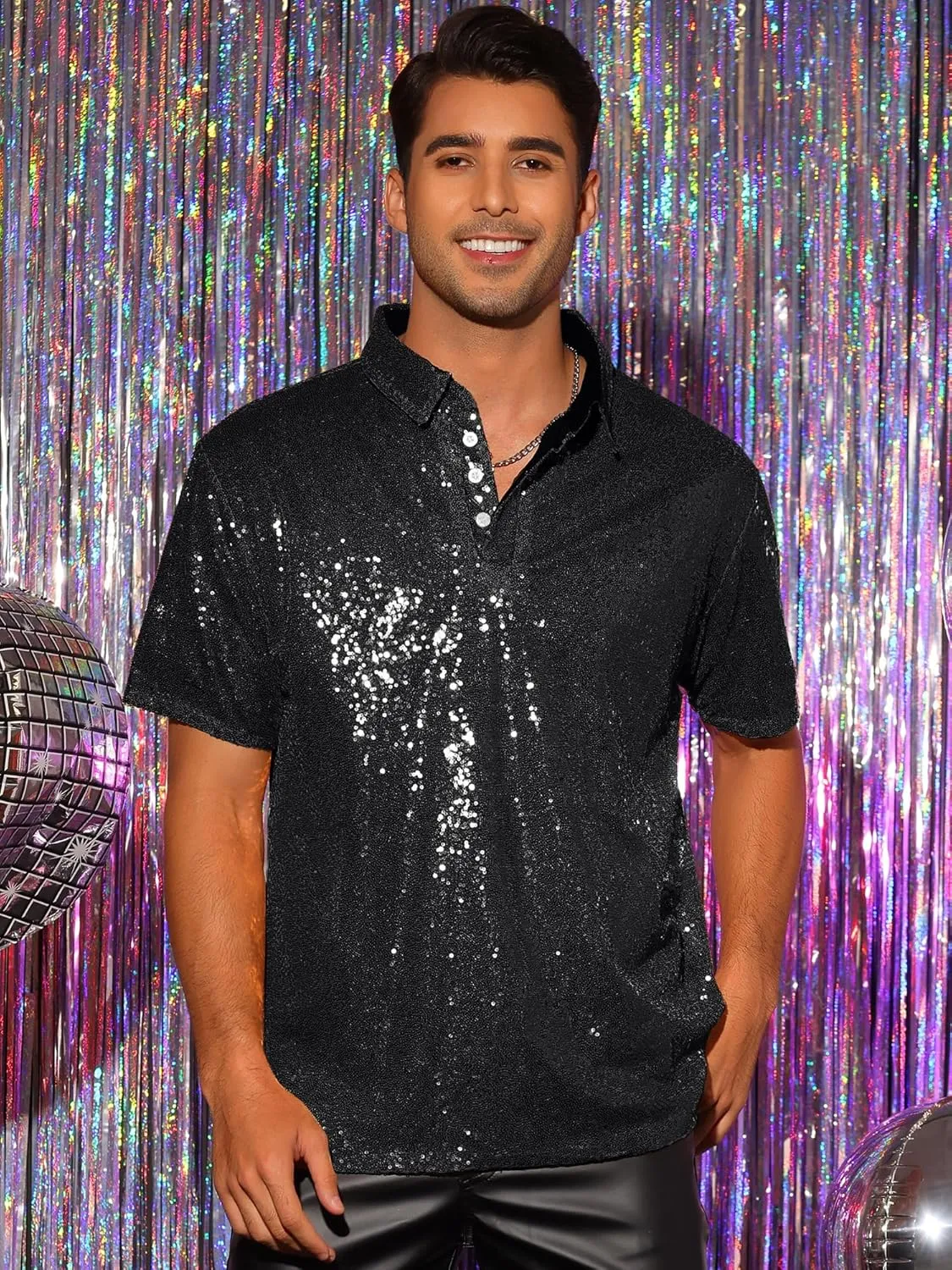 Lars Amadeus Sequin Polo for Men's Sparkle Short Sleeves Club Party Shiny Golf Shirts