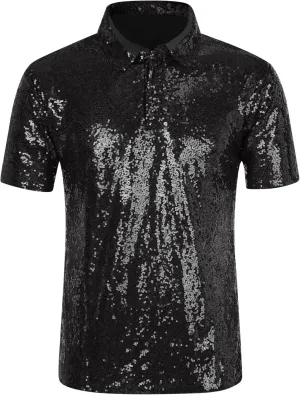 Lars Amadeus Sequin Polo for Men's Sparkle Short Sleeves Club Party Shiny Golf Shirts