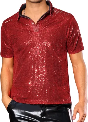 Lars Amadeus Sequin Polo for Men's Sparkle Short Sleeves Club Party Shiny Golf Shirts