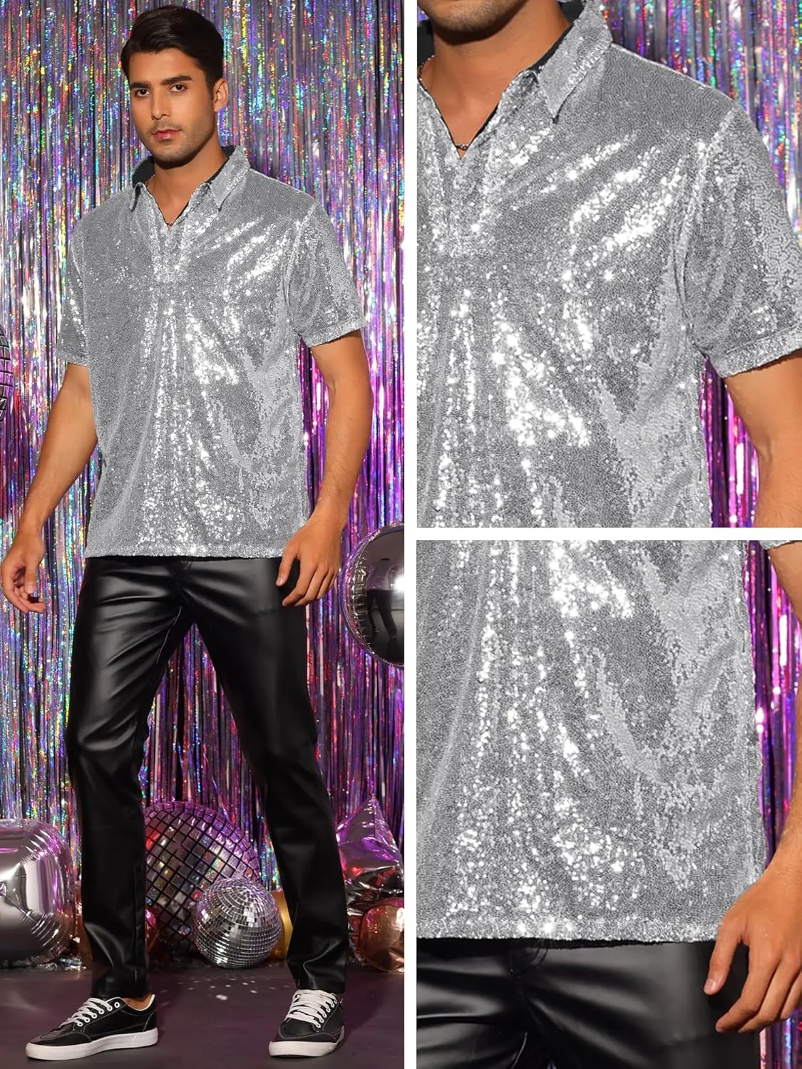Lars Amadeus Sequin Polo for Men's Sparkle Short Sleeves Club Party Shiny Golf Shirts