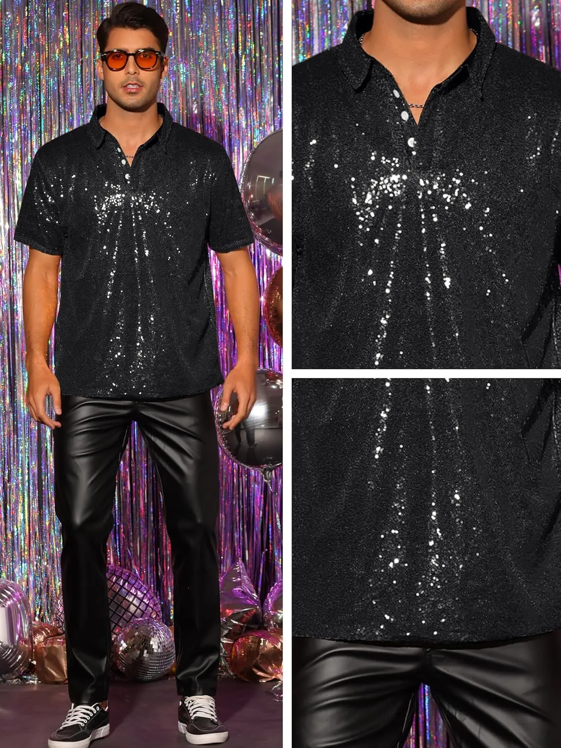 Lars Amadeus Sequin Polo for Men's Sparkle Short Sleeves Club Party Shiny Golf Shirts