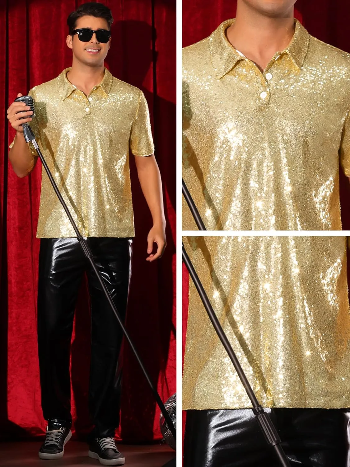 Lars Amadeus Sequin Shirts for Men's Sequin Short Sleeve Sparkle Prom 70s Disco Party Glitter Polo