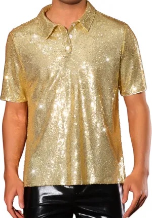 Lars Amadeus Sequin Shirts for Men's Sequin Short Sleeve Sparkle Prom 70s Disco Party Glitter Polo