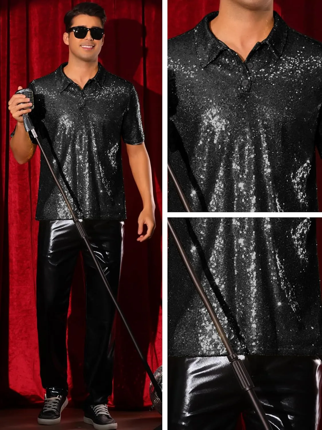 Lars Amadeus Sequin Shirts for Men's Sequin Short Sleeve Sparkle Prom 70s Disco Party Glitter Polo